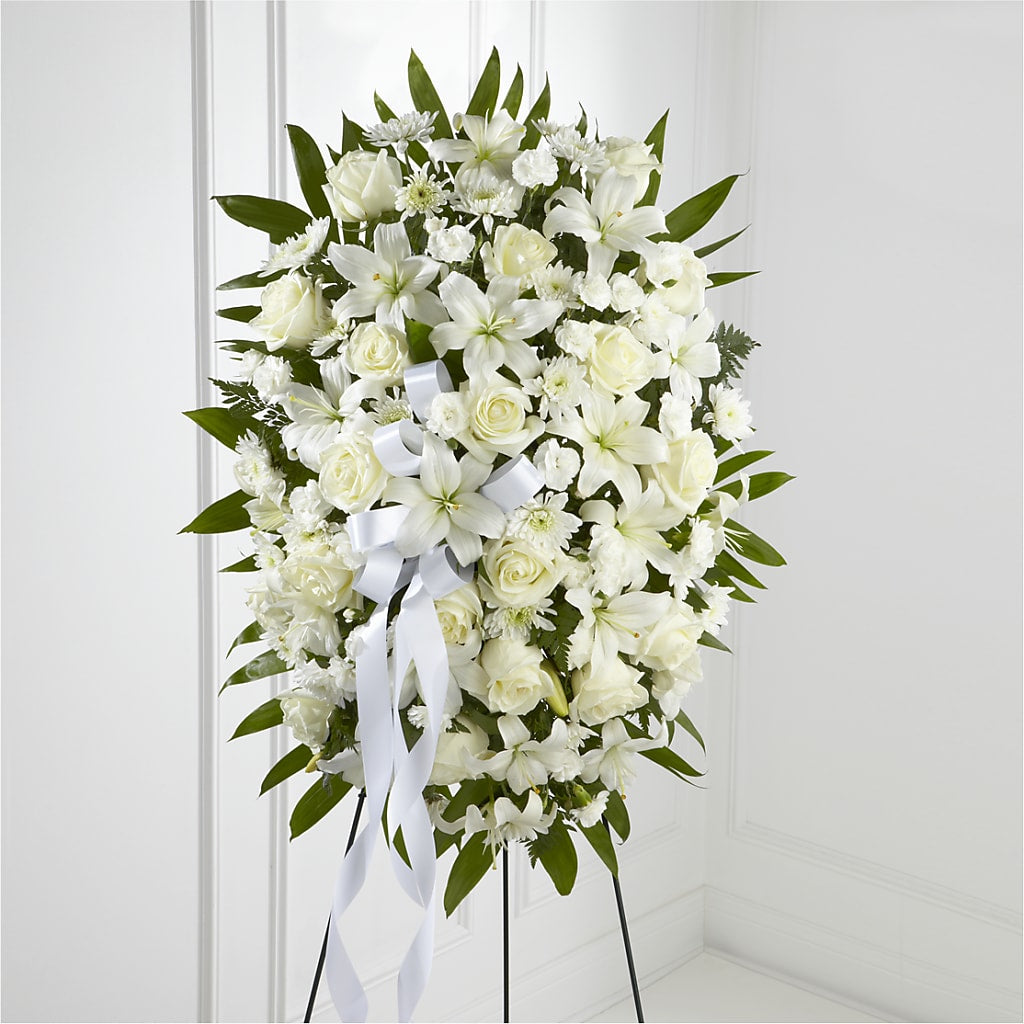 Exquisite Tribute Standing Spray-White Ribbon – Citrus Valley Florist, West Covina CA