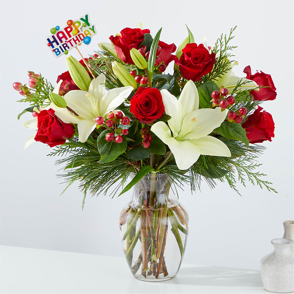 Evergreen Delight Bouquet & Happy Birthday Topper – Citrus Valley Florist, West Covina CA